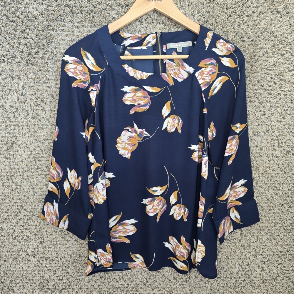 Daniel Rainn‎ Top Womens PM Petite Medium Blue Floral Print Sheer Blouse Zip
